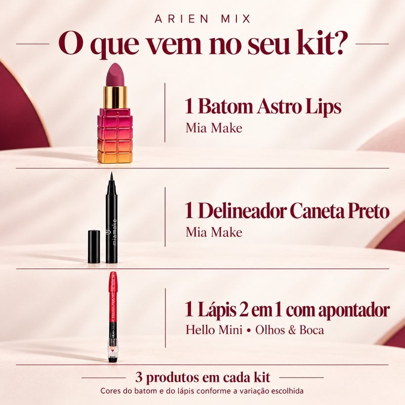 Conteúdo do Kit Make Essencial: batom, delineador preto e lápis 2 em 1
